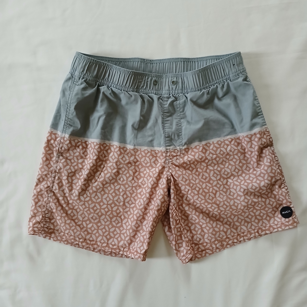 RVCA Men's Swim Shorts in Gray and Peach Pattern